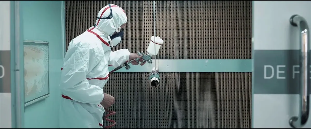Technician varnishing a shin guard in the paint booth